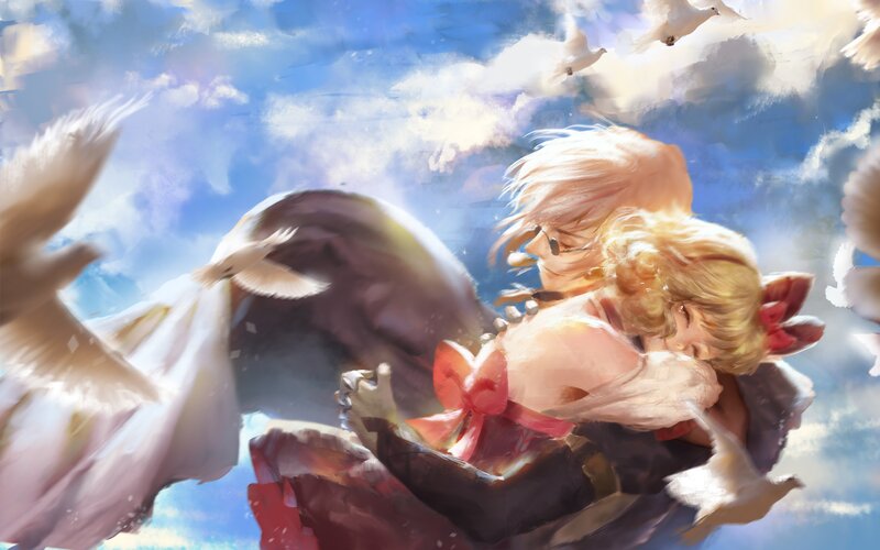 Blonde Woman Hugging Man — Blue, Serene, Afternoon, Digital Art