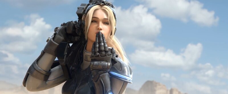 Blonde Woman in Armor — Blue, Dramatic, Afternoon