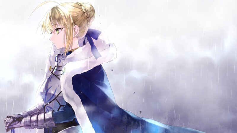 Blonde Woman in Armor — Blue, Dramatic, Anime, Rain