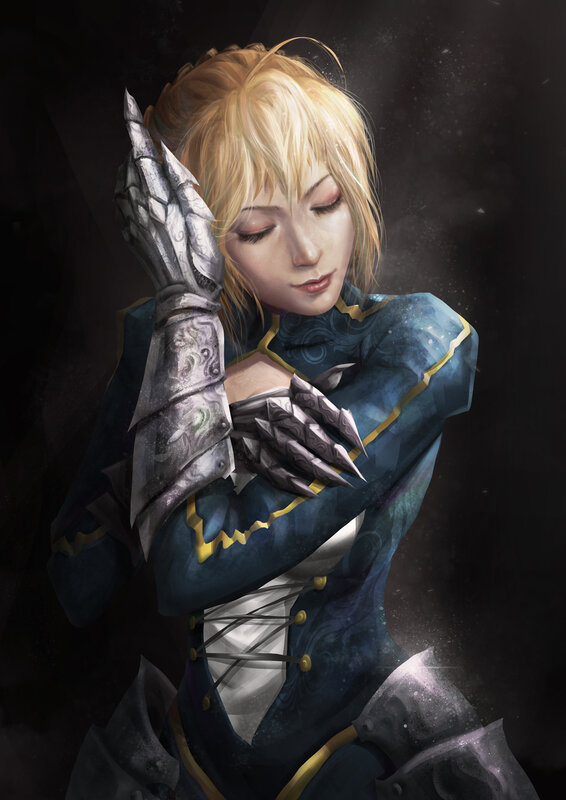 Blonde Woman in Armor — Blue, Dramatic, Digital Art, Gloves