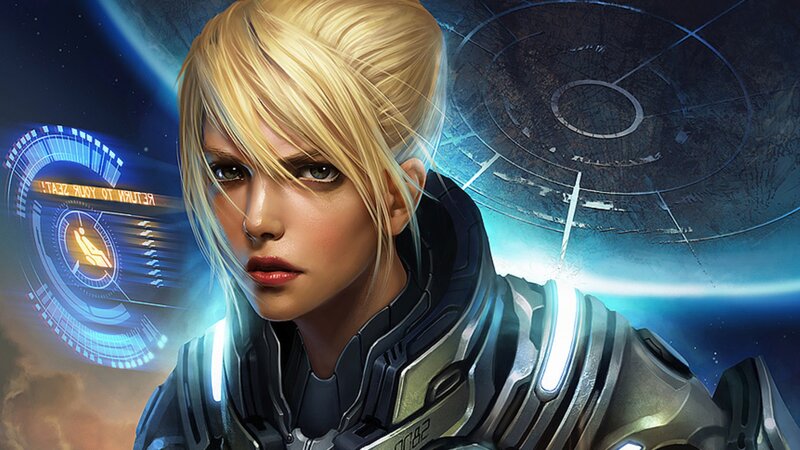 Blonde Woman in Armor — Blue, Dramatic, Night, Digital Art, Space Station