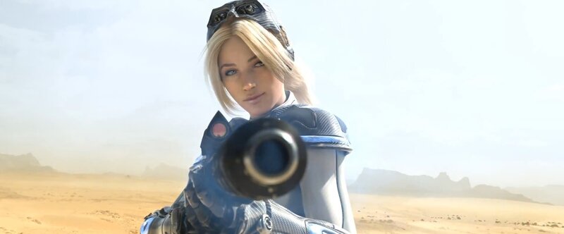 Blonde Woman in Armor — Blue, Serious