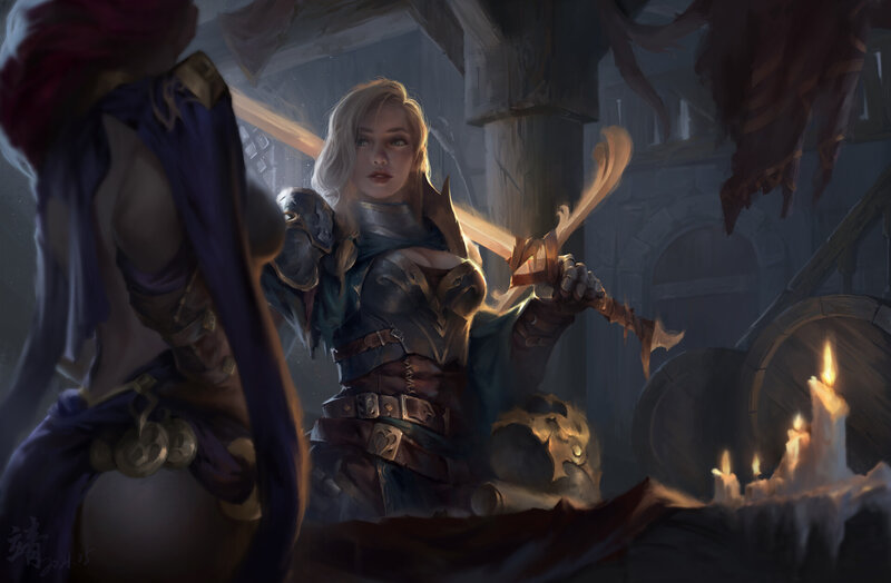 Blonde Woman in Armor — Gray, Dramatic, Night, Digital Art, Sword, Candles