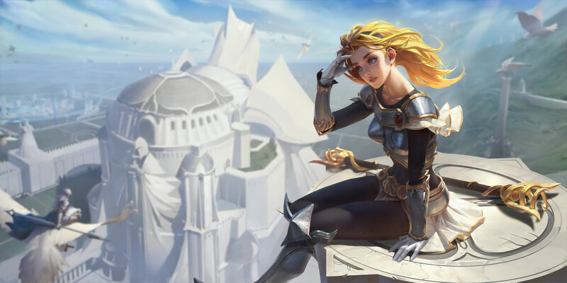 Blonde Woman in Armor — White, Serene, Afternoon, Digital Art, Castle