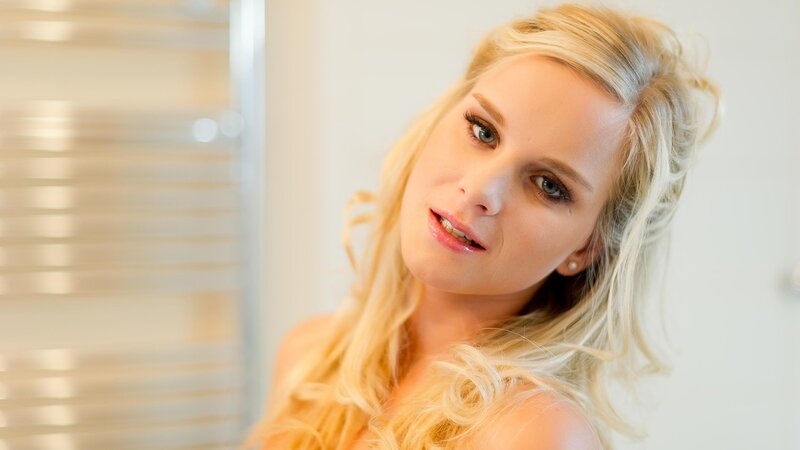 blonde woman in bathroom