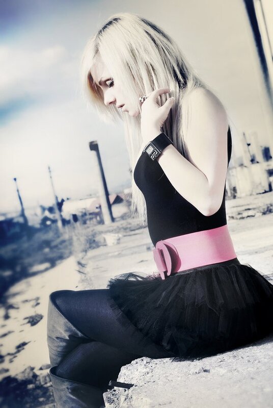 blonde woman in black and pink