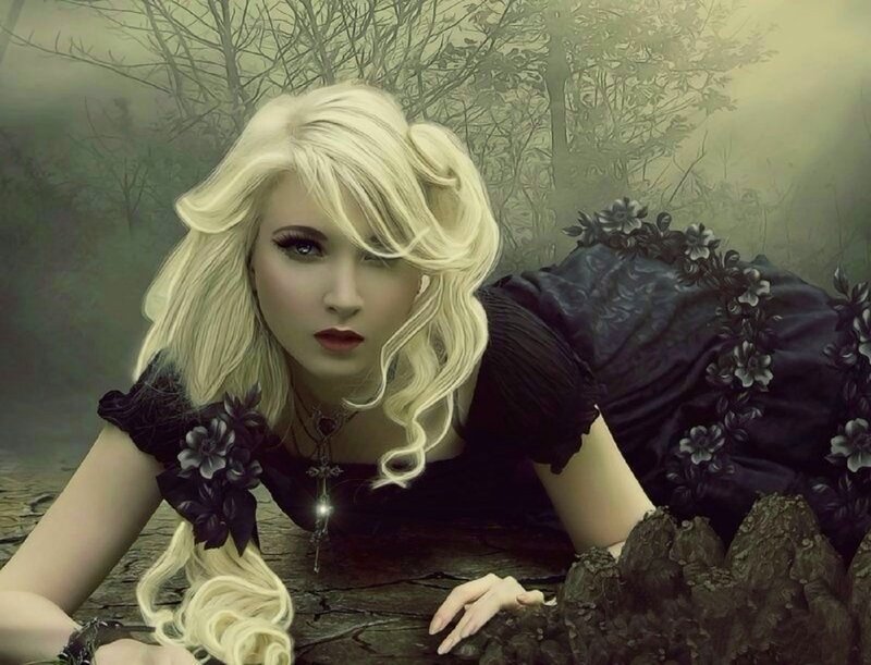Blonde Woman in Black Dress — Dramatic, Digital Art, Flowers