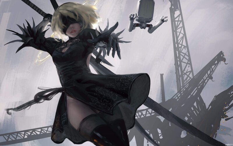 Blonde Woman in Black Dress — Dramatic, Digital Art, Sword