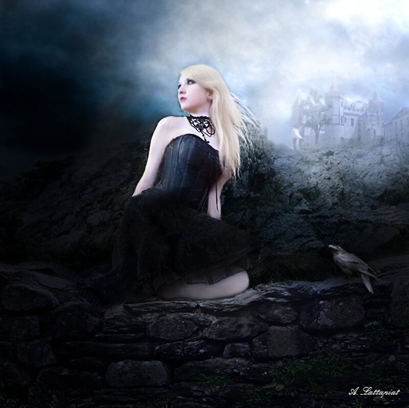 Blonde Woman in Black Dress — Dramatic, Night, Digital Art