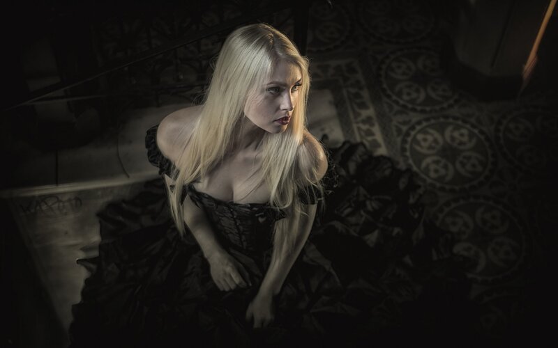 Blonde Woman in Black Dress — Dramatic, Night, Photograph