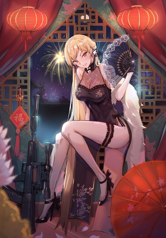 Blonde Woman in Black Dress — Red, Festive