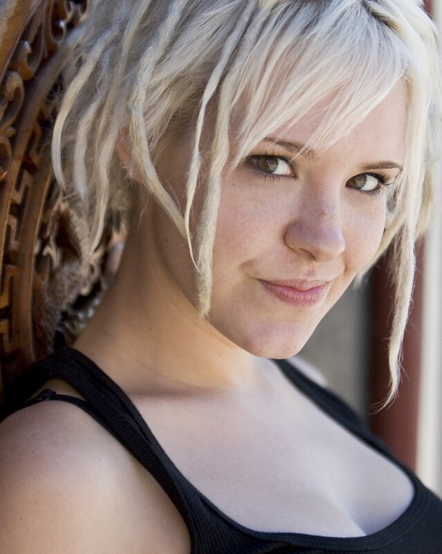 blonde woman in black top