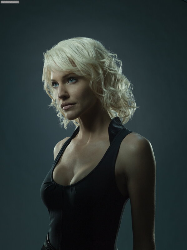 blonde woman in black top