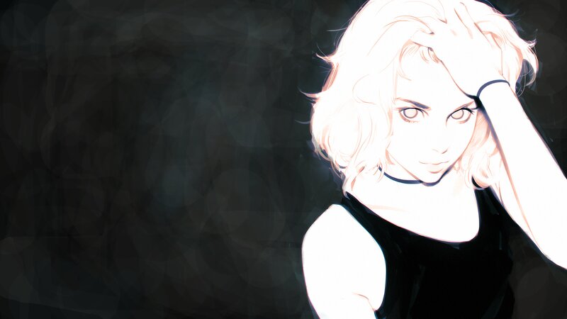 Blonde Woman in Black Top — White, Dramatic
