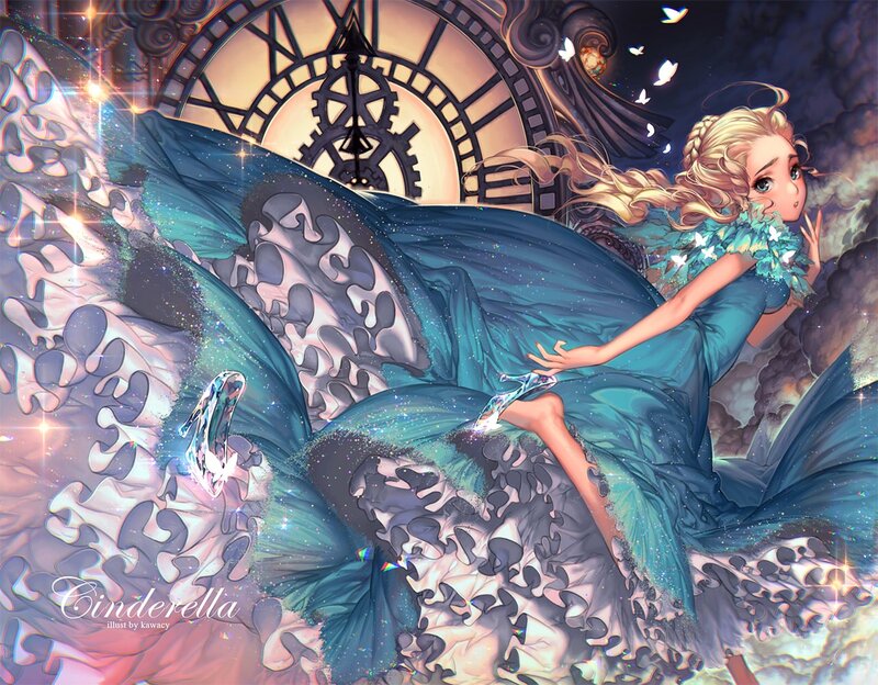Blonde Woman in Blue Dress — Dramatic, Night, Digital Art, Clock
