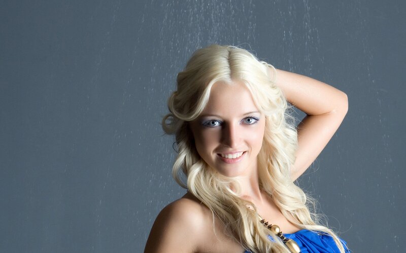 Blonde Woman in Blue Dress — Dramatic, Photograph, Necklace