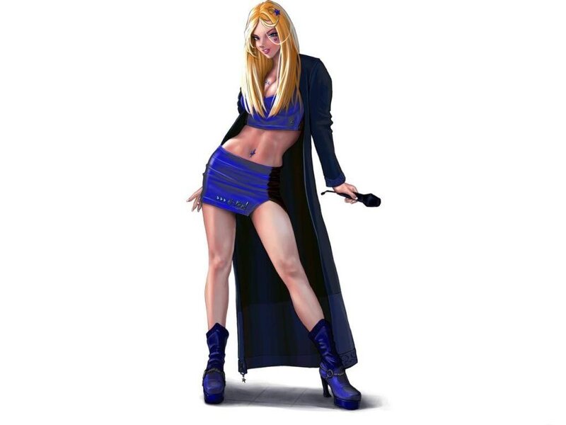 Blonde Woman in Blue Outfit — Confident, Digital Art, Microphone