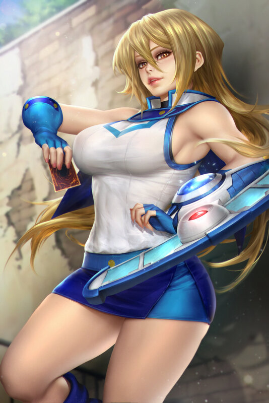 Blonde Woman in Blue Outfit — Dramatic, Digital Art, Card