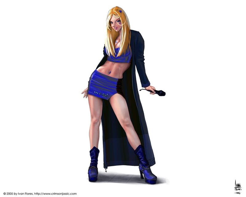 blonde woman in blue outfit
