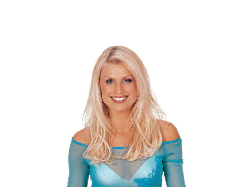 blonde woman in blue top
