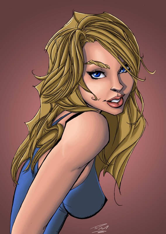 blonde woman in blue top