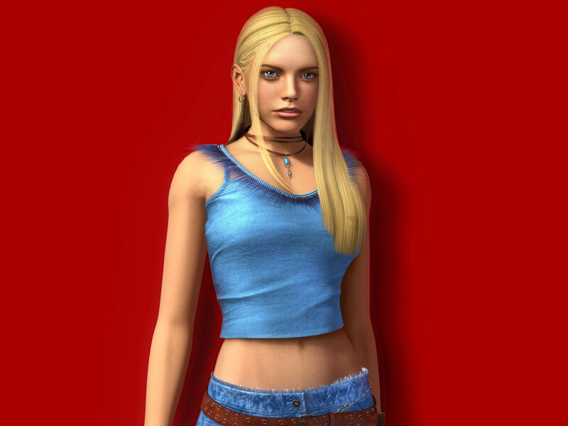 Blonde Woman in Blue Top — Red