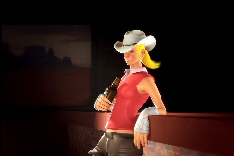 Blonde Woman in Cowboy Hat — Red