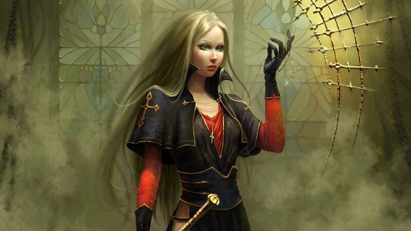 Blonde woman in dark armor