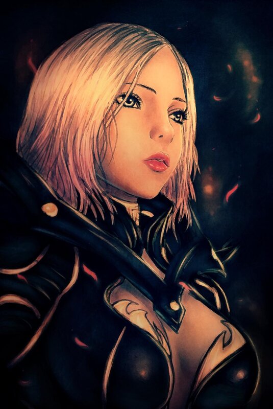 blonde woman in dark armor