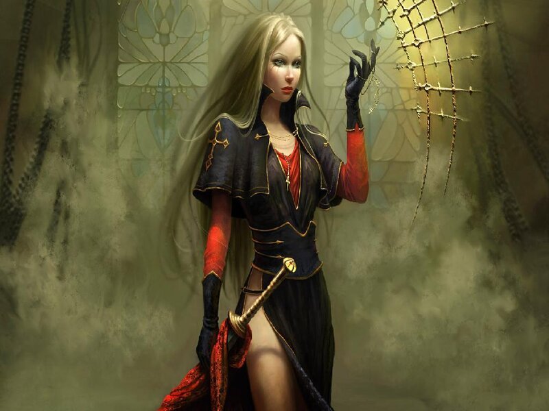 Blonde woman in dark robe