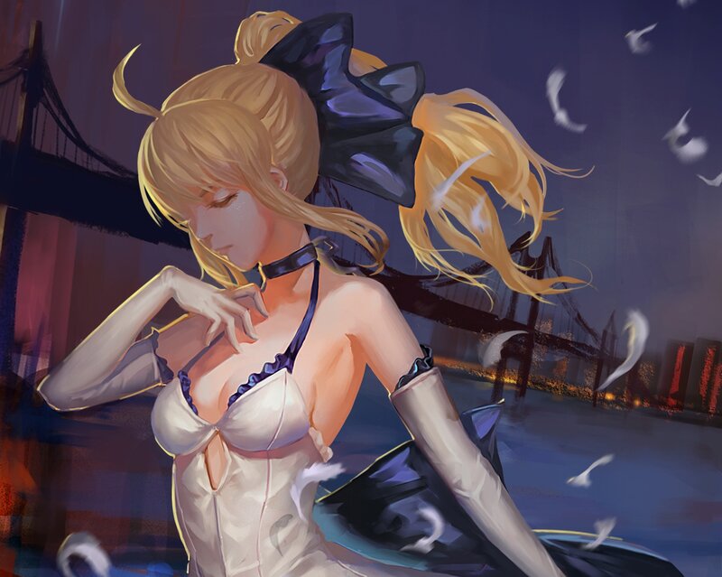 Blonde Woman in Dress — Blue, Dramatic, Night, Digital Art, Bridge