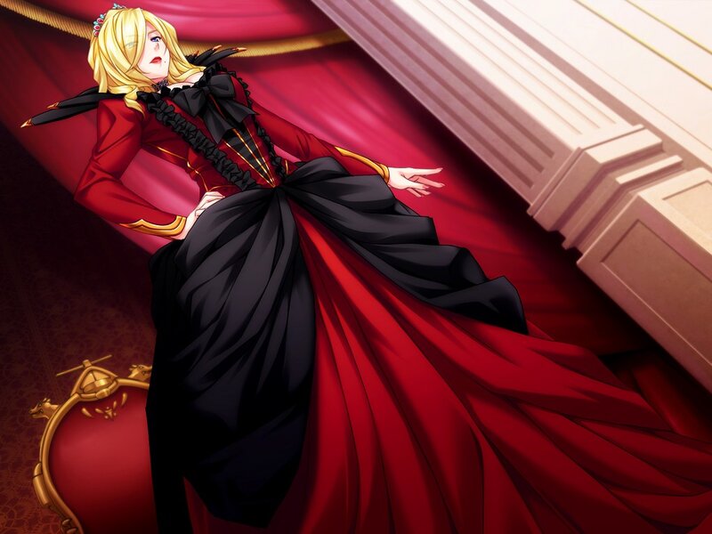 Blonde Woman in Dress — Red, Dramatic