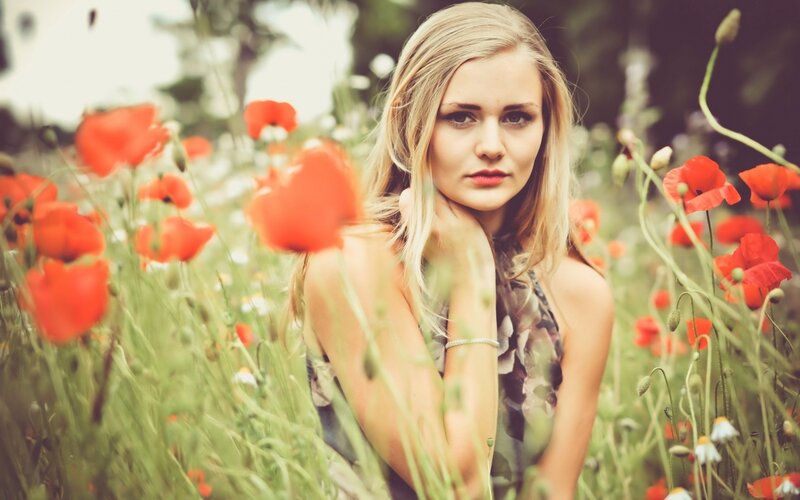 Blonde Woman in Field — Red