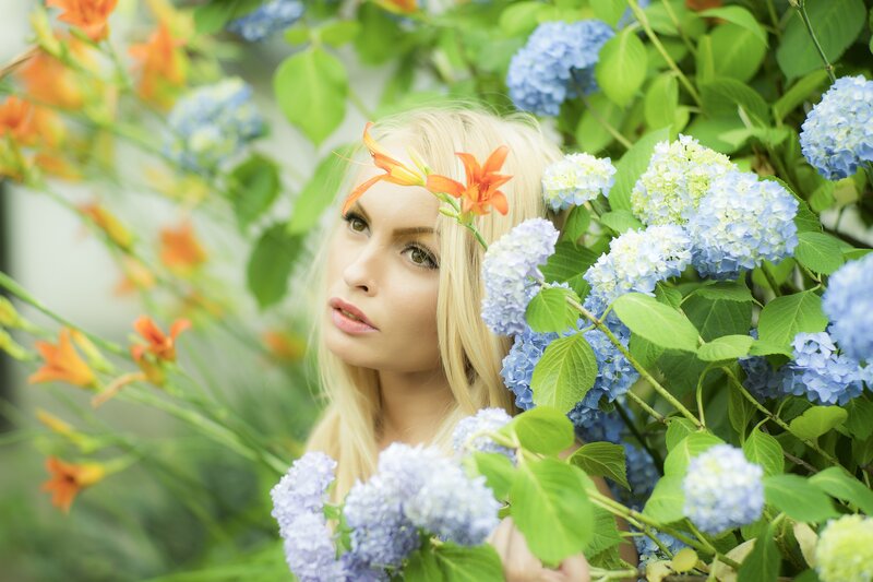 Blonde Woman in Flowers — Blue