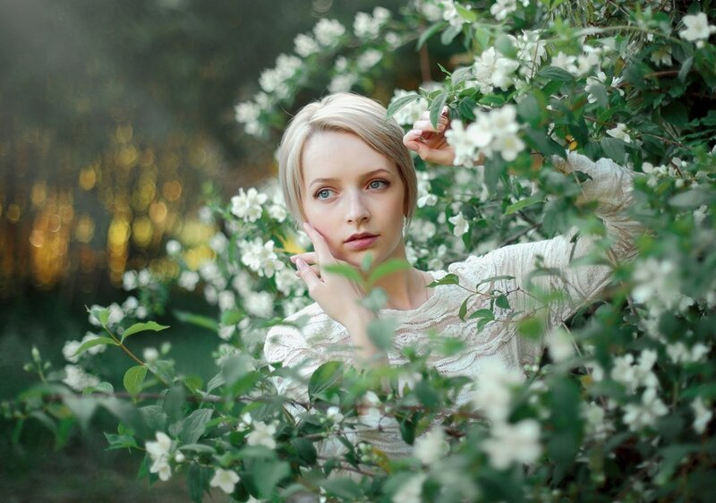 Blonde Woman in Flowers — White