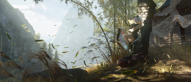 Blonde Woman in Forest — Green, Serene, Afternoon, Digital Art, Bamboo