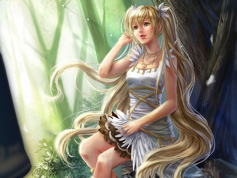 Blonde Woman in Forest — Green, Serene, Afternoon, Digital Art