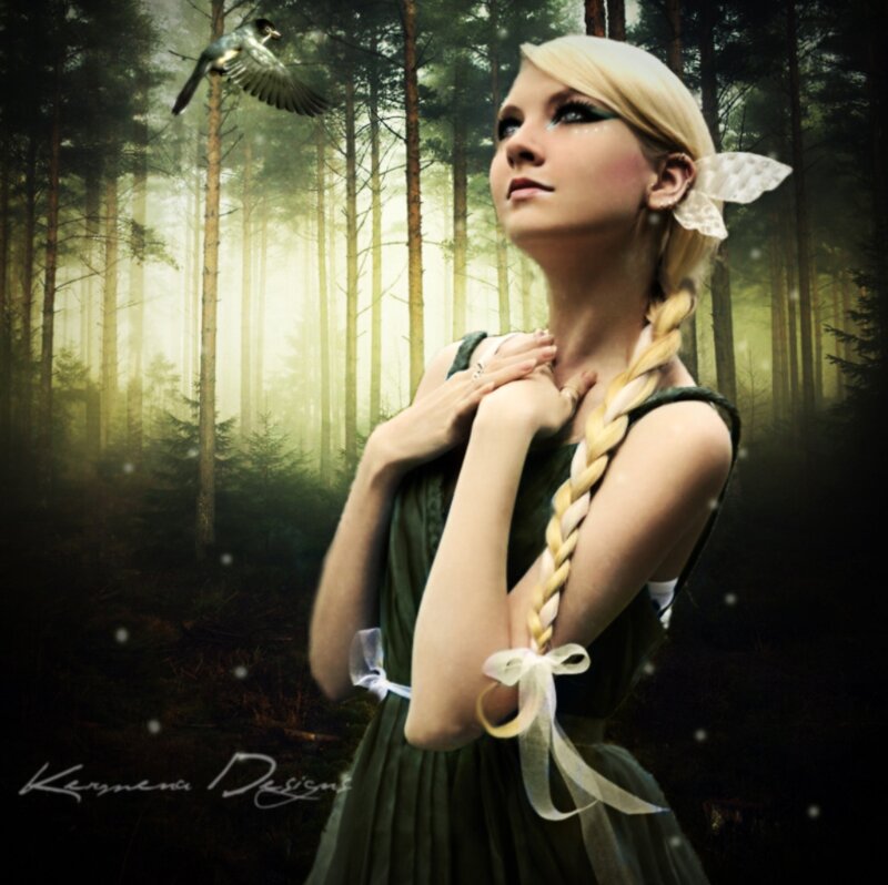 Blonde Woman in Forest — Green, Serene, Morning