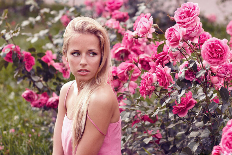 Blonde Woman in Garden — Pink, Serene, Afternoon, Photograph
