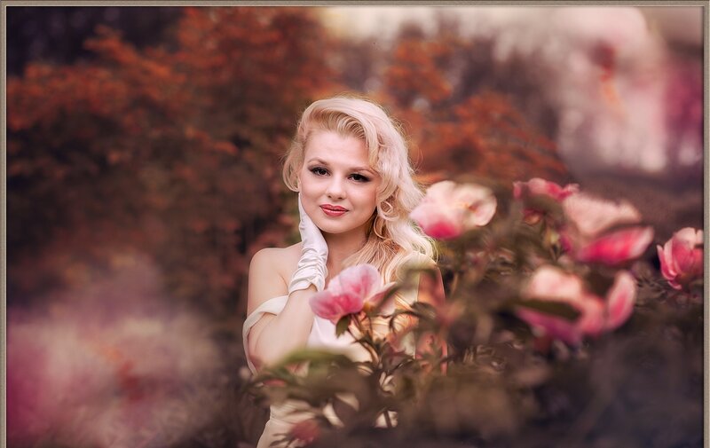 Blonde Woman in Garden — Pink, Serene, Autumn