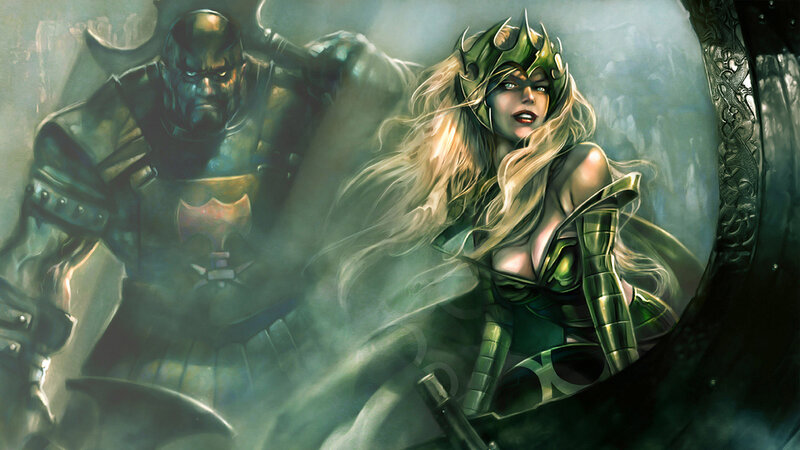 Blonde Woman in Green Armor — Dramatic