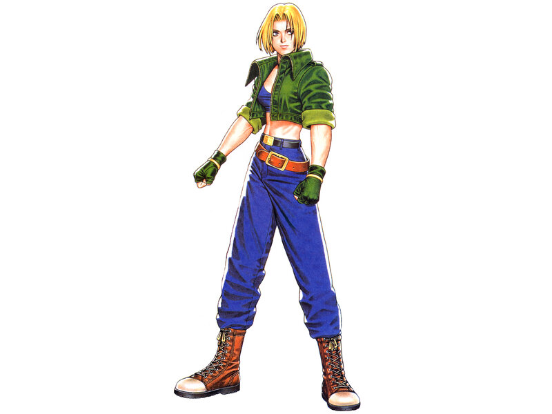 Blonde Woman in Green Jacket — Blue