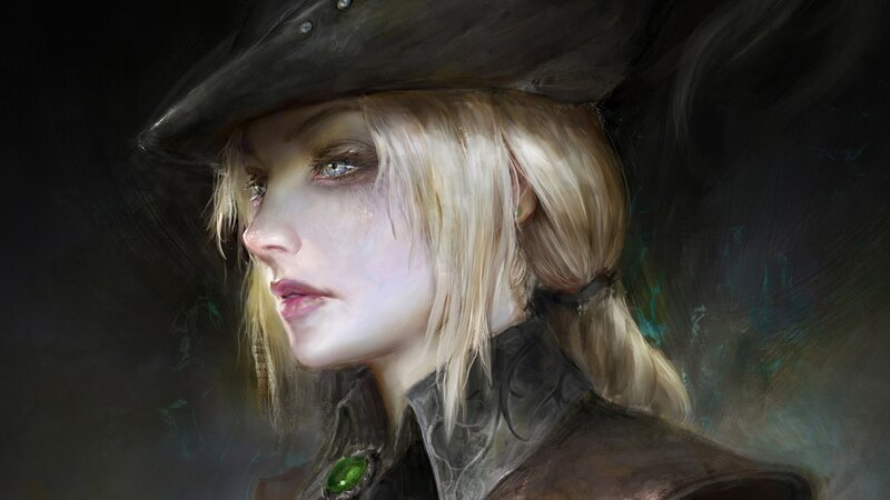 Blonde Woman in Hat — Black, Dramatic, Digital Art