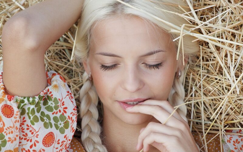 Blonde Woman in Hay — Yellow, Serene