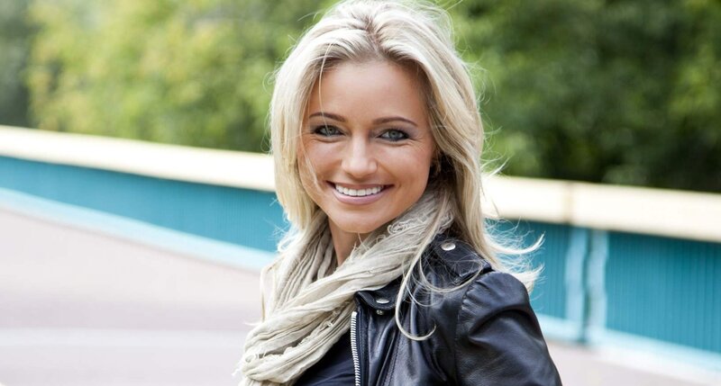 Blonde Woman in Leather Jacket — Black, Happy