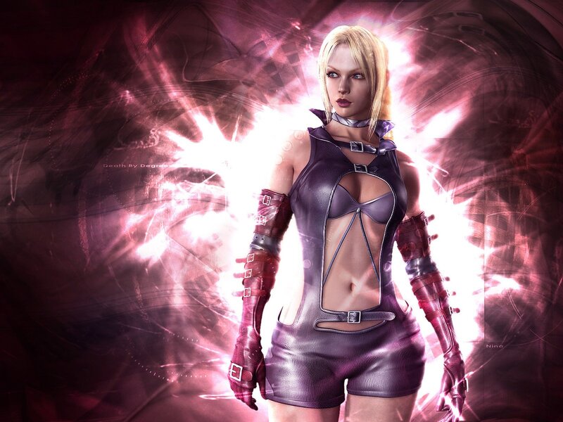 Blonde Woman in Leather Outfit — Purple