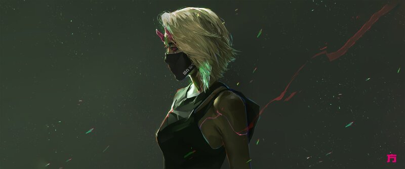 Blonde Woman in Mask — Black, Dramatic