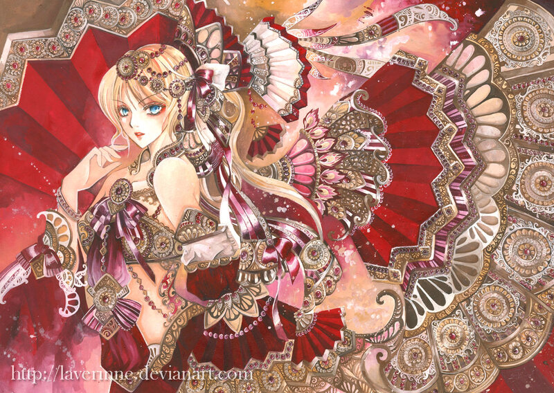 Blonde Woman in Ornate Dress — Red