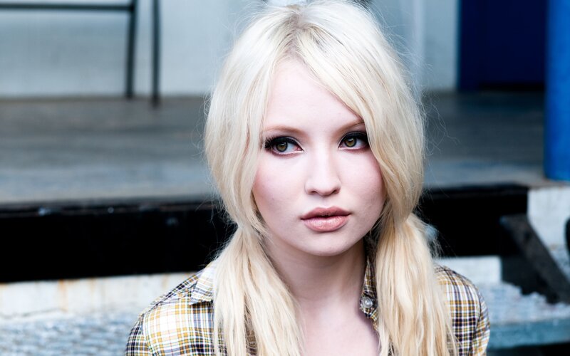 Blonde Woman in Plaid Shirt — Neutral, Photograph, Plaid Shirt, Makeup, Stairs