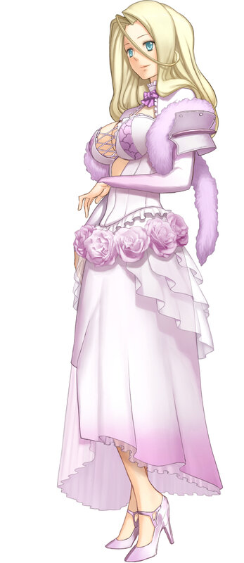 blonde woman in purple dress